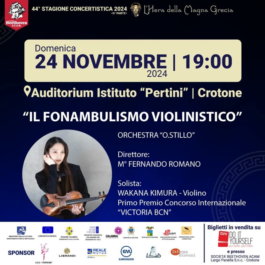 Locandina-24-novembre-1024x1024 Prima volta in Calabria per la violinista giapponese Wakana Kimura: suonerà a Crotone domenica 24 novembre insieme all’Orchestra “O. Stillo”