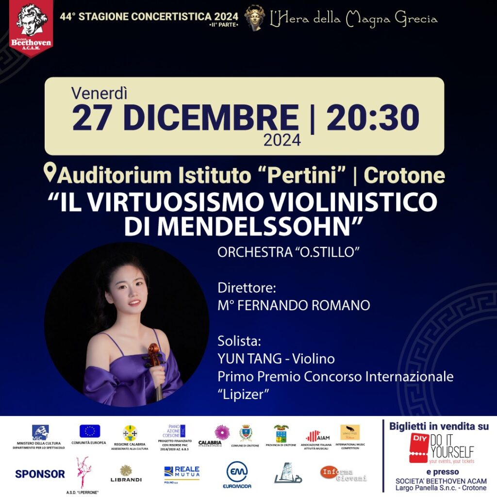 Locandina-Evento-27-dicembre-1024x1024 Il 27 dicembre la violinista cinese Yun Tang, vincitrice del Premio Lipizer 2024, si esibirà con l’orchestra O. Stillo, il 28 dicembre arriva a Crotone uno dei più grandi violinisti al mondo, Pavel Berman