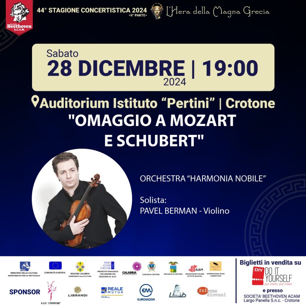 Locandina-evento-28-1024x1024 Il 27 dicembre la violinista cinese Yun Tang, vincitrice del Premio Lipizer 2024, si esibirà con l’orchestra O. Stillo, il 28 dicembre arriva a Crotone uno dei più grandi violinisti al mondo, Pavel Berman